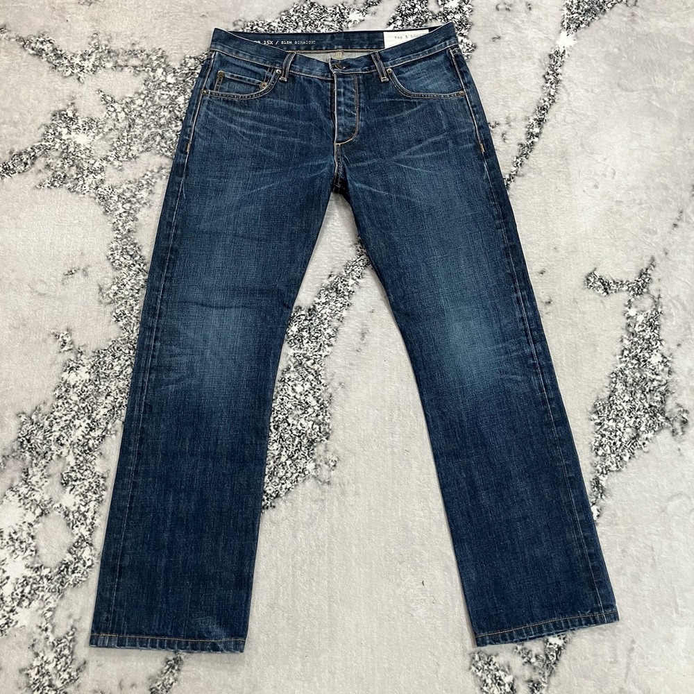 Rag & Bone RB15X Slim Straight Jeans Men's Size 34 Blue Distressed Faded Denim